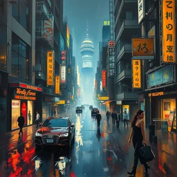 futuristic street scene, blade runner, highly detailed oil painting, impasto brush strokes, soft light, 8 k, cyberpunk colour palette, dramatic composition, dramatic lighting, sharp focus, concept art, masterpiece, by adrian ghenie and jenny saville and zhang jingna
