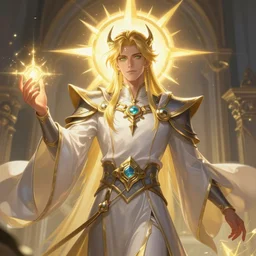 beautiful holy cleric with sunray halo and light magic, attarctive pretty man, anime key visual, highly detailed, sharp focus, concept art, league of legends, style by shumolly and monable and artgerm and greg rutkowski and jo chen and pilyeon and ruan jia and zeronis