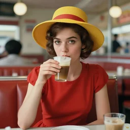 portrait of a young woman in a red dress and mustard yellow summer hat drinking coffee in a 8 0 s new york diner, photorealism, portrait photography, detailed faces, realistic lighting, by elliot kaufman