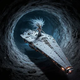 a sentient starship emerging from a wormhole to hell, intricate detail, classic sci fi film, lipkin, whealan, royo,