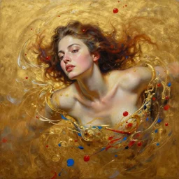 abstract oil matte portrait painting, women infused and swimming in a golden liquid partially covered, red dollops, blue strains, detailed faces, wonderful masterpiece, highly detailed, beautiful cinematic light, deep focus, elegant, smooth, sharp focus, golden ratio, dramatic illumination, ultra realistic, 8 k, art by caravaggio, nathan law and greg rutkowski