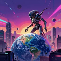 a matte painting of mass effect Reapers invading earth, 23rd century Vancouver, vaporware aesthetic, neon geometry, brilliant colors, very coherent, futuristic, trending on artstation, in the style of Alena aenami by Alex grey, HD, 4k, 8k