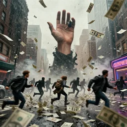 a swarm of money in the city. the hand of god is in the sky. people running for their lives. terrorist attack. it's raining money. game show.