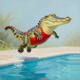 anthropomorphic crocodile wearing a red swim suit is jumping in a swimming pool, oil painting