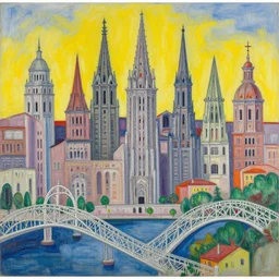 bright, costume shocking by rufino tamayo. a beautiful drawing of a cityscape with tall spires & delicate bridges.