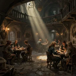 a medieval tavern, beautiful, detailed, realistic detailed patrons, dark, concept art illustration, color page, tone mapping, akihiko yoshida, james jean, andrei riabovitchev, marc simonetti, digital illustration, greg rutowski, volumetric lighting, sunbeams, particles