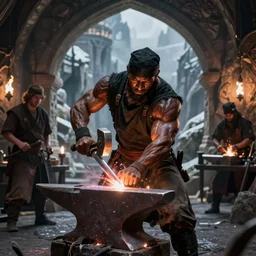 a muscular dwarf blacksmith in blacksmith clothes swinging hammer down forging a sword on an iron anvil by archvillain, titanforge, blizzard, hearthstone, greg rutkowski, jeff easley, mtg, wotc