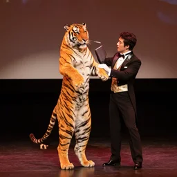 stage magician turning his sexy assistant into a tigresss standing on two legs