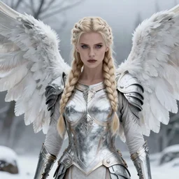 artistic portrait of a stern and striking valkyrie with white feathered wings, wearing armor, feathered wings, perfect fit body, long blonde braided hair, beautiful eyes and lips, winter setting, art by artgerm and wlop and brom, highly detailed, 8 k, cinematic, mist, digital painting, sharp focus, illustration, masterpiece