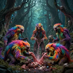 an group of colorful, beautiful flesh - eating timikawas with rainbow fur, the timikawas are eating terrified humans, the setting is a whimsical forest with trees made of human limbs and heads, nightmare scene, supernatural, highly detailed digital art, creepy, terrifying, by david cronenberg