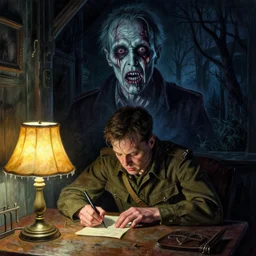 colorful horror artwork by beksinski, stephen king ; real life full portrait by artgerm ; matt damon as an american world war 2 sergeant delirious while writing letter creepy table lamp, all alone at night, haunted cabin, year 1 9 4 2, scary, 8 k hdr, creepy intricate dramatic lighting, insanely detailed