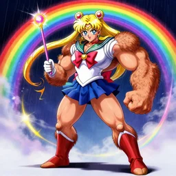 crossdressing magical girl in anime style, colorful dress, transformation, holding wands, illustration, very hairy, muscular, full body, workout, male, body builder, digital painting, artstation, simon stalenhag, epic, stunning, rainbows, sailor moon, hdr, highly detailed