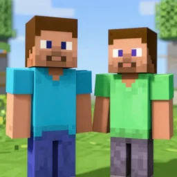 photo of Steve and a villager from Minecraft and as real human people