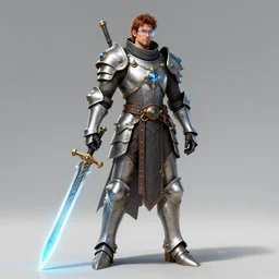 Full body picture, Male Holosmith, DND, D&D, holographic blade!, steampunk-esque!, silver armor, tech glasses, extremely detailed, complete body!, by gary gygax, Rossdraws, genzoman and Frank franzzeta, trending on artstation, artstationHQ, artstationHD, cgsociety, 16K, HD