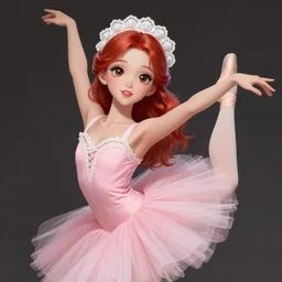 pink dress, white lace headband, goddess in ballet pose, red hair, large beautiful eyes, eyeliner, lipstick, highly detailed, digital painting, trending on artstation, concept art, sharp focus, illustration, art by artgerm and greg rutkowski and magali villeneuve
