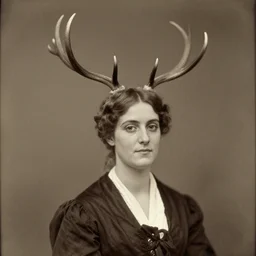 portrait of a 19th century woman with antlers on her head, 1900s photography