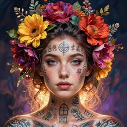 a symmetrical portrait with skin tattooed esoteric symbols and vivid flowers intertwined in the hair, intricate, vibrant color, digital art