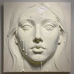 looking up at a gigantic three - dimensional thick impasto oil painting in the shape of a woman's face, with no eyes, lots of thick encrusted paint, wet paint is oozing down over the face like wax on a candle, lots and lots of wax - like lines of dripping oil paint cover nearly everything, no skin or hair, or frame visible, lit from top right