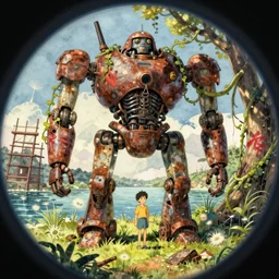 wholesome animation key shot, fish eye lens, intricate, standing under the rusty robot schwerer gustav!!!!, vines, abandoned, dappled light, red graffiti, scafolding, dandelion seeds, lake, ambient occlusion, studio ghibli, pixar, disney concept art watercolor illustration by craig mullins, dean cornwell, nc wyeth, satoshi kon!