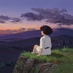a girl sitting on a grassy cliff watching a purple sunset, wide shot, from behind, art by hayao miyazaki, studio ghibli film, hi res, 4k