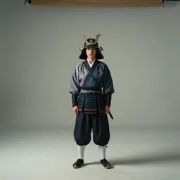wide full shot of an asian school wearing a samurai headgear cosplay, standing lonely in film studio background, softlight, photorealistic, art by artgerm and greg rutkowski
