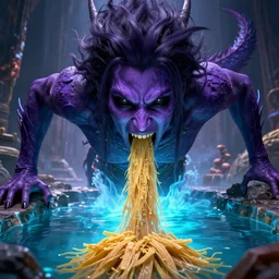 unexpected windfall, dragon fodder, kardur’s vicious return, cinematic, hyper realism, high detail, octane render, unreal engine, 8k, vibrant color, entrance to the immortality pool, dark purple skin with dark hair and full black eyes, by dom qwek and andrea chiampo
