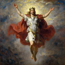 beautiful oil painting portrait of ancient roman god thor hovering in the air wearing the civic crown levitating and ascending in stations of the cross pose, art by anders zorn, wonderful masterpiece by greg rutkowski, expressive brush strokes, beautiful cinematic light, american romanticism by greg manchess, jessica rossier