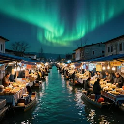 floating markets of dotonbori street in pamukkale river in cyberpunk theme during aurora borealis, by ruan jia, adim kashin, martine johanna, yoann lossel, jakub rebelka, james jean, rule of thirds, seductive look, intricate, vendor, food market,
