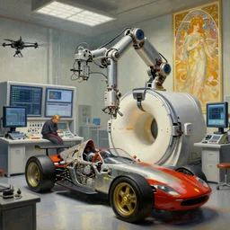 a dieselpunk painting in the style of donato giancola, and in the style of tom bagshaw, and in the style of alphonse mucha, motors, a complex thick bifurcated robotic cnc surgical arm cybernetic symbiosis hybrid mri 3 d printer machine making in a biochem lab control panels, 4 k, large monitor screens, knobs, drone camera lens orbs, octane render, natural light in room, architectural, f 1 8, designed by ferrari,