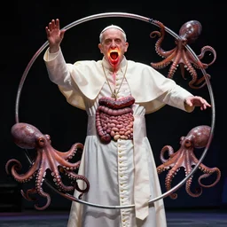 a photograph with his intestines erupting from his glowing mouth. he is wearing a pope uniform, and is hulahooping three octopus.