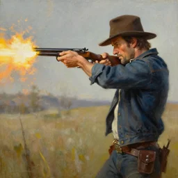 billy the kid firing a gun, oil painting by greg rutkowski