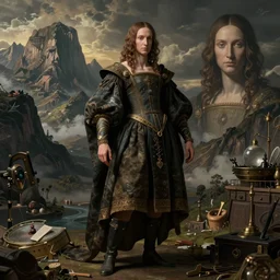 costume design made by mad scientist, sophisticated composition, old masters light composition, procedurally generated, drama character posing for concept art, dramatic mountains behind, substance designer, PBR, HD, Ultra detailed, hyperrealistic, megascans, volumetric light, concept by master artist, made in paint tool SAI2, trending pixiv face
