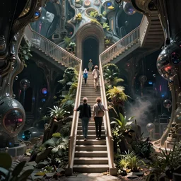 stairway to heaven, cyberpunk art by john backderf and by ian miller and by peter de seve, cgsociety, neo - primitivism, dystopian art, biomorphic, parallax