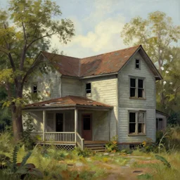 matte painting of abandoned house by thomas kinkade