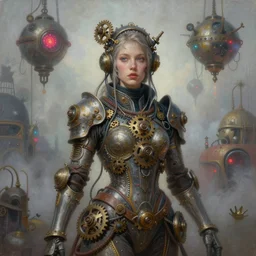 by tom bagshaw, ultra realist vivid soft painting of a carnival of curiosities, single curvy flirt etheral young steampunk female in a full ornated armor gears, photorealistic facial traits, cables, led, flying machinery, partial symmetry accurate features, very intricate details, focus, award winning, ultra dense fog