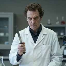 an evil chemist in a white coat with a knife, finnian macmanus