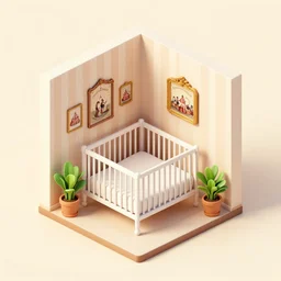 isometric indoor vintage nursery in a cubic room with victorian circus pictures on walls and potted plants