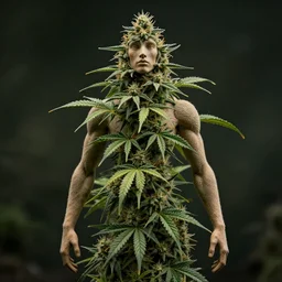 cannabis plant as a humanoid, realistic artstyle, wide shot, dramatic lighting, octane render, hyperrealistic, high quality, highly detailed, HD, beautiful, cinematic, 8k, unreal engine, facial accuracy, symmetrical