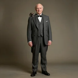older fantasy butler that looks similar to michael kane, full body portrait, handsome, 4 k, photo realistic, balding, well dressed, pet rat on shoulder