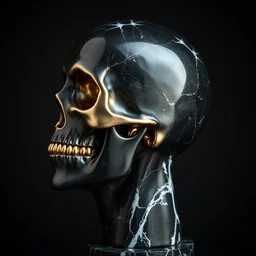 opened head showing part of the silver skull sculpture by bernini and hedi xandt made with black marble with partial gold plating, realistic