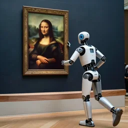 live footage of a robot stealing a painting. photograph of a robot cyborg stealing a painting. robot running away from the museum. might be the mona painting. live news footage