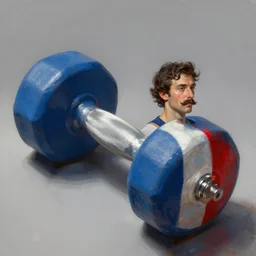 concept art of a dumbell painted in blue, white and red, with the drawing of a french guy with a mustach on one side, by aenaluck, artgerm and roberto ferri and greg rutkowski, digital painting, artstation, concept art, smooth, sharp foccus ilustration hq