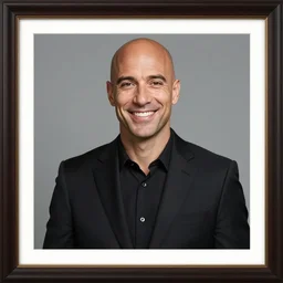 picture of a bald guy in a black suit smiling ( picture frame photo, photo - realistic, hyperrealistic, great quality, good details, greatly illustrated )