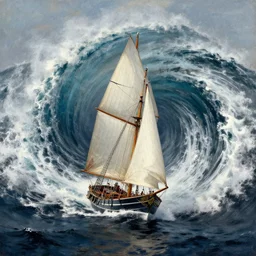 brigantine sailing around massive whirlpools. photograph in the style of jean guichard's la jumont