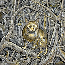 metallic gold cat in the gnarly forest at night by tom bagshaw, mucha, karl kopinski