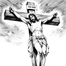 Jesus christ on the cross, by Kentaro Miura, manga, black and white, pen and ink, high detail