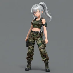 girl, silver hair (ponytail), (((winking))), multicam (camo), (trending on artstation), (detailed), cinematic full body shot, ilustration by Takehiko Inoue (((and Yoann Lossel)))