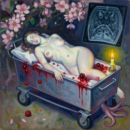mri, sketch of a female art student falling asleep, scientific research, crashcart, x - ray, sensual, blossom, squashed berries dripping, octopus, candlelight, neo - impressionist, surrealism,! dream acrylic and spray paint and oilstick on canvas, portrait of a female art student falling asleep, scientific research, crashcart, sensual, blossom, squashed berries dripping, octopus, candlelight, neo - impressionist, surrealism - n 9 - w 6 4 0 - h 6 4 0