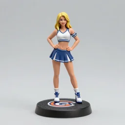 80mm resin detailed miniature of a Cheerleader girl, blond hair, stomach, navel, shoes, Logo, textured base; Product Introduction Photos, 4K, view from front