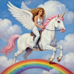 shakira riding a winged unicorn with red eyes galloping on a rainbow bridge by picasso, white clouds in the background, oil painting, high detail, vibrant colors, high quality,